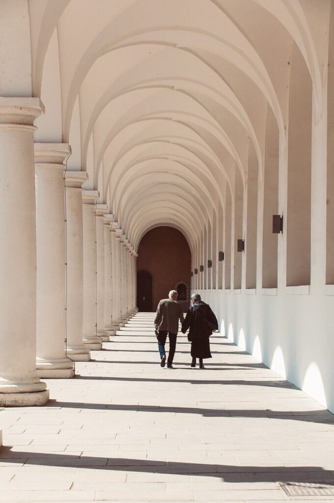 arcades, few, seniors, love, architecture, people, road, old couple