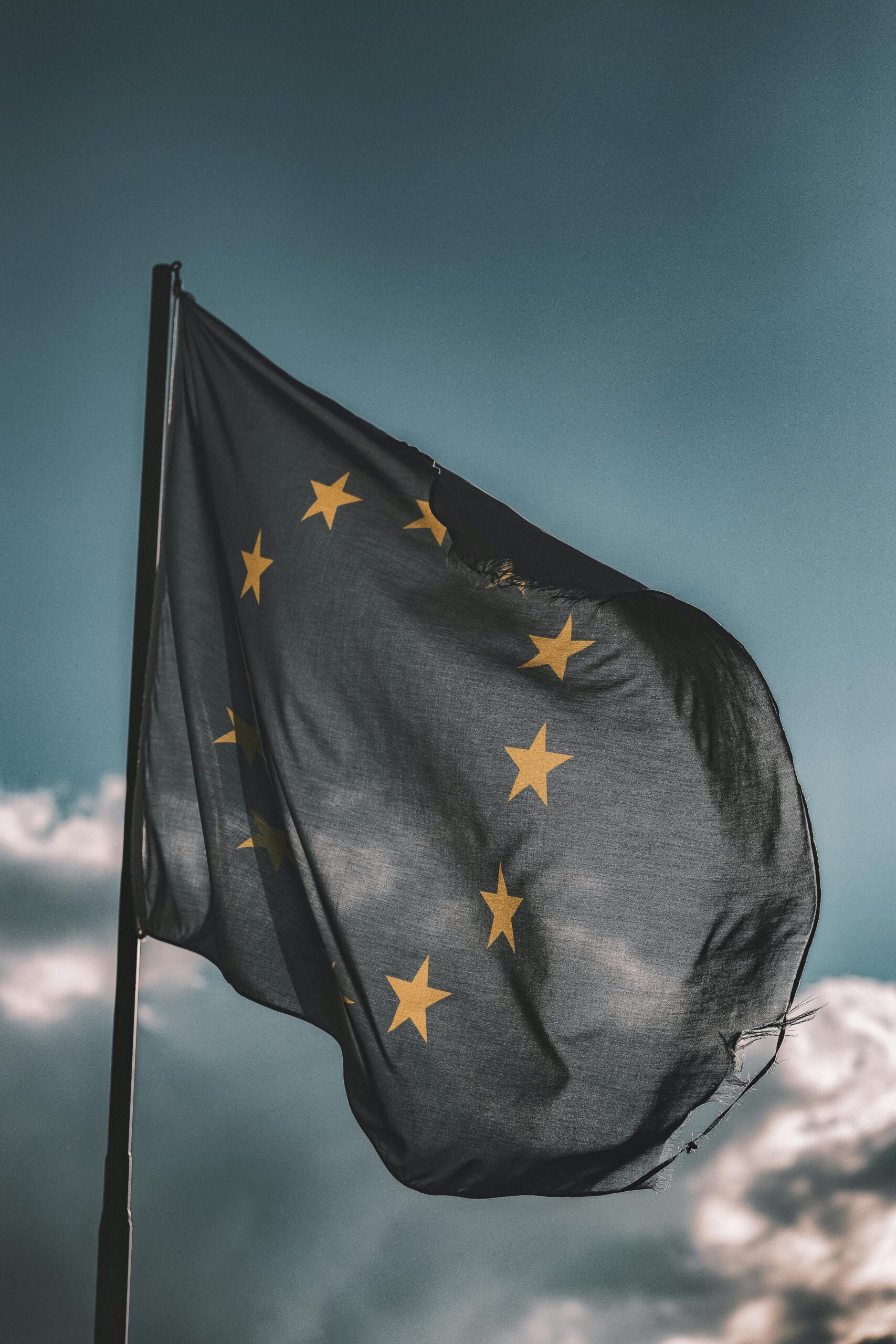 About us European Union flag gently waving on a flagpole against a cloudy sky, symbolizing unity and patriotism.