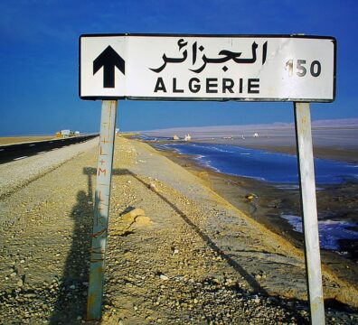 signpost, blue sky, algeria, 150km, road, salt lake, dry, nature, tunisia, republic of tunisia, sky, blue, morning, sun